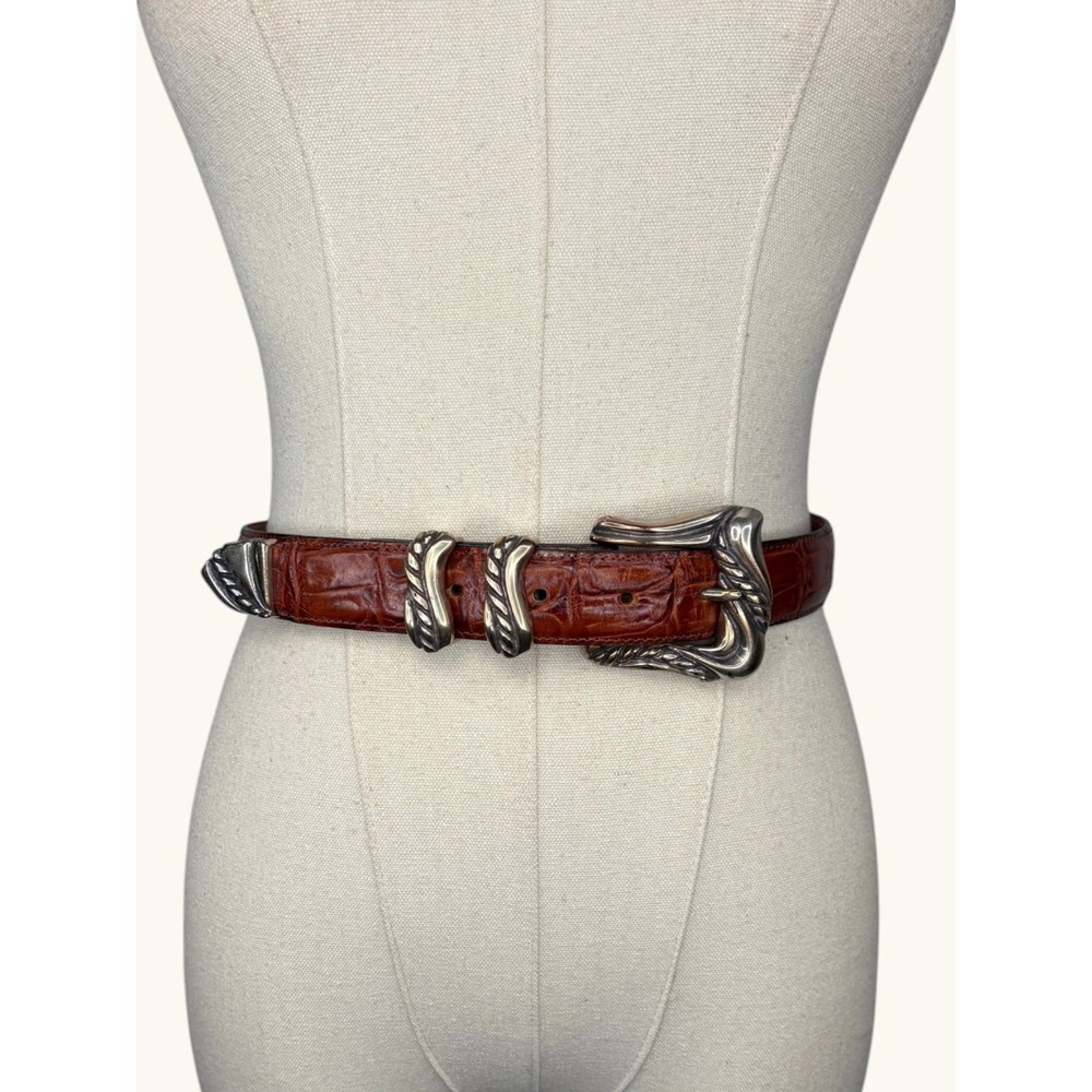 Onyx Cognac Brown Crocodile Leather Western Ranger Belt Silver Buckle Set 28